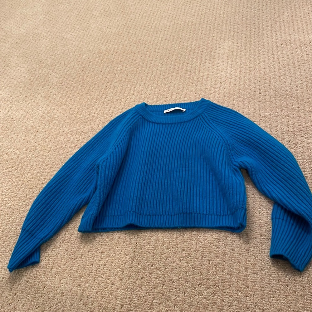 Zara Bright Blue Ribbed Crew Neck Sweater